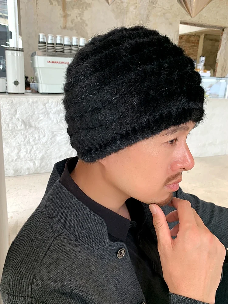 Men's Real Mink Fur Hat Winter Warm Beanie Cap Headwear Outdoor Travel Ski Black Brown