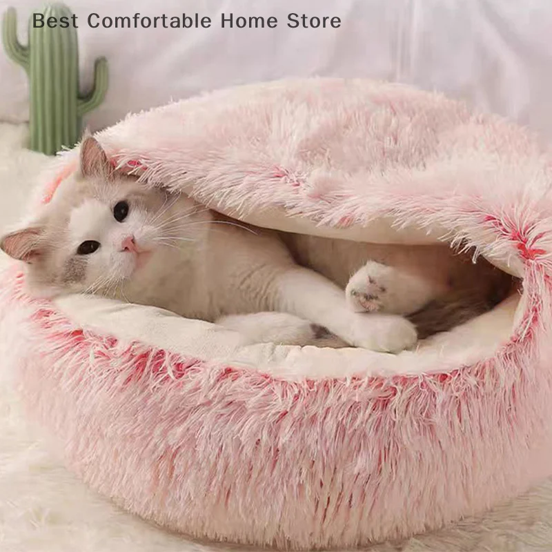Outono inverno macio pelúcia gatinho filhote de cachorro cama confortável semi-fechado quente escudo ninho lavável pet dormir cama suprimentos para animais de estimação