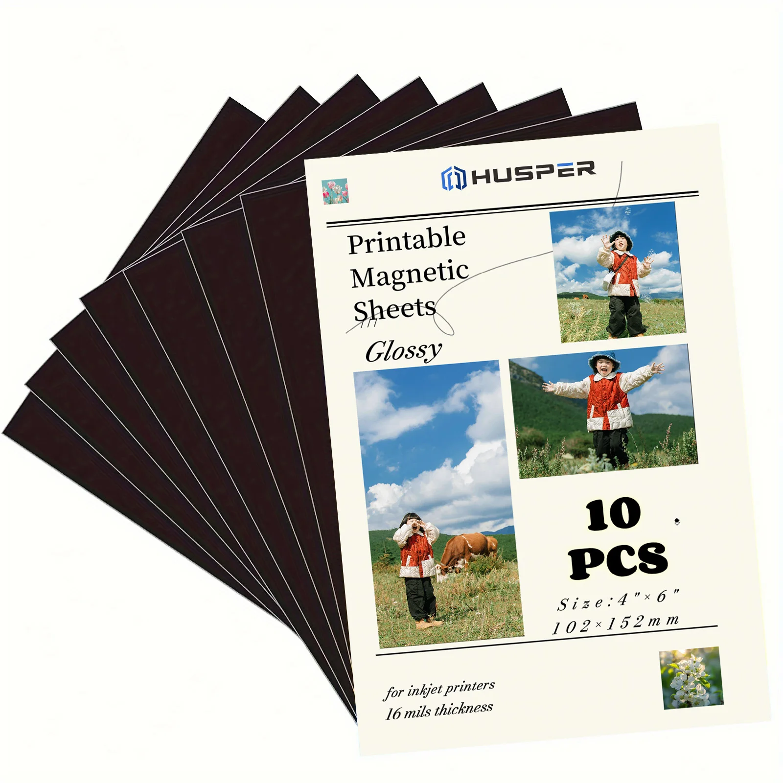 HUSPER 10 Sheets Glossy Printable Magnetic Photo Paper Size 4R (4x6 Inch) Non-Adhesive Compatible with Inkjet Printer