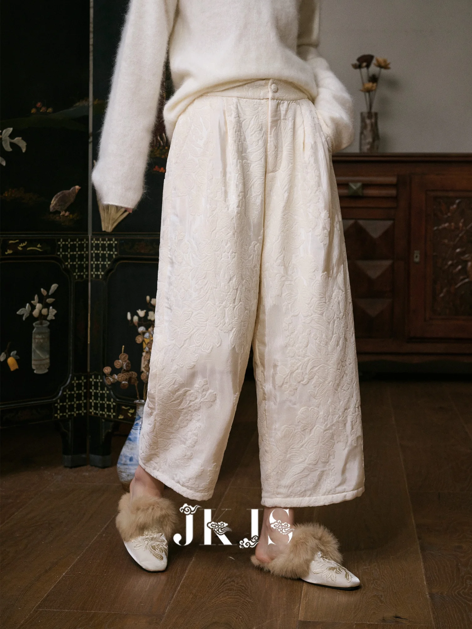 

New Chinese Sle Casual Pants High Waist Elastic Polyester Blend Wide Leg Pants Snow Niel Embroidery Cotton Autumn Winter