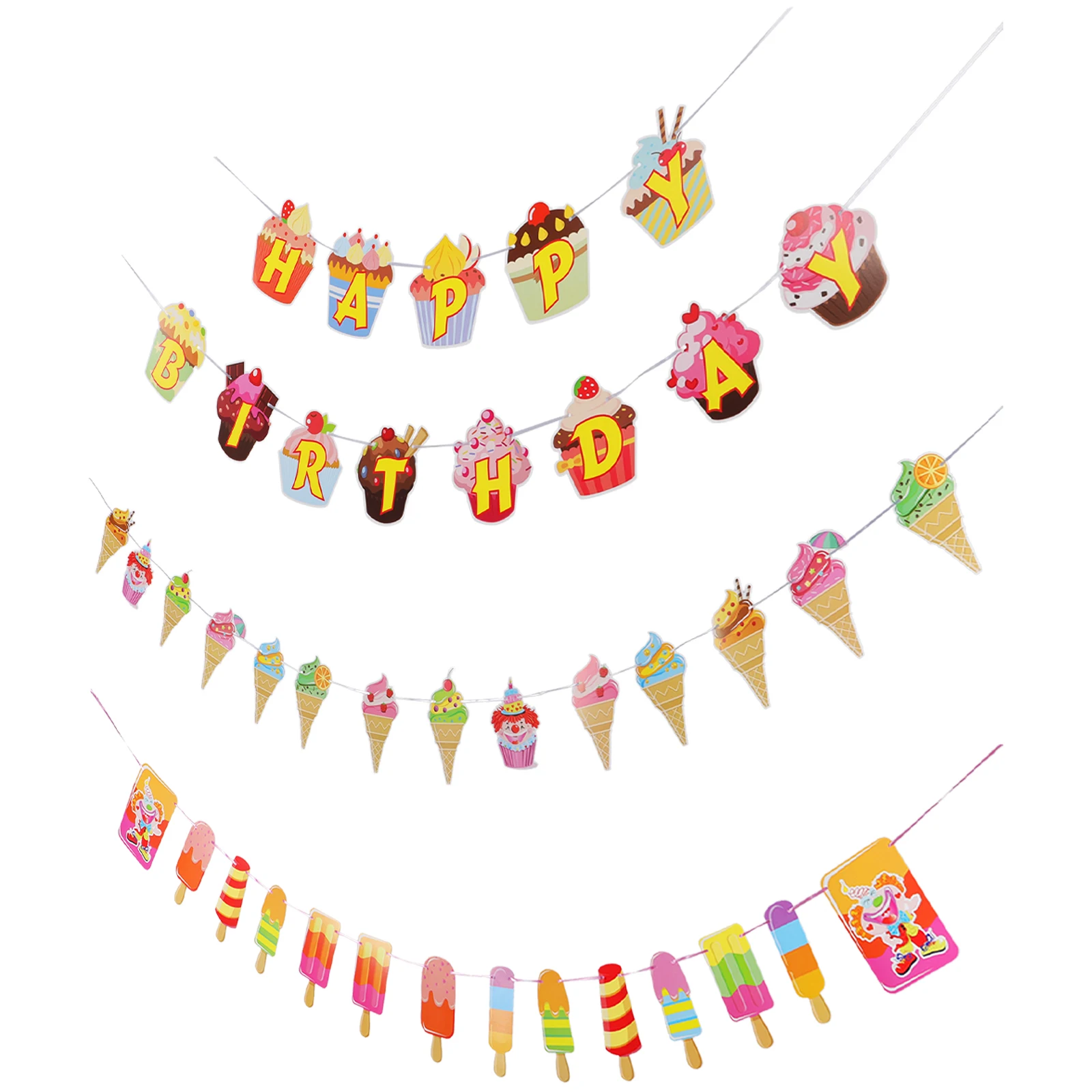 

3 set Ice Cream Pull Flag Decorations 3 Sets Birthday Party Banners Popsicle Cupcake Celebration DIY Lightweight