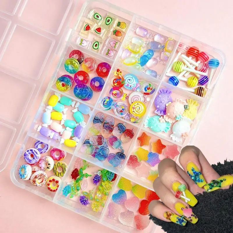 

1Box Gradient Donuts Popsicles Flower Nail Charms Colorful Lollipops Fudge Heart Snacks Nail Art Decoration DIY Manicure Crafts