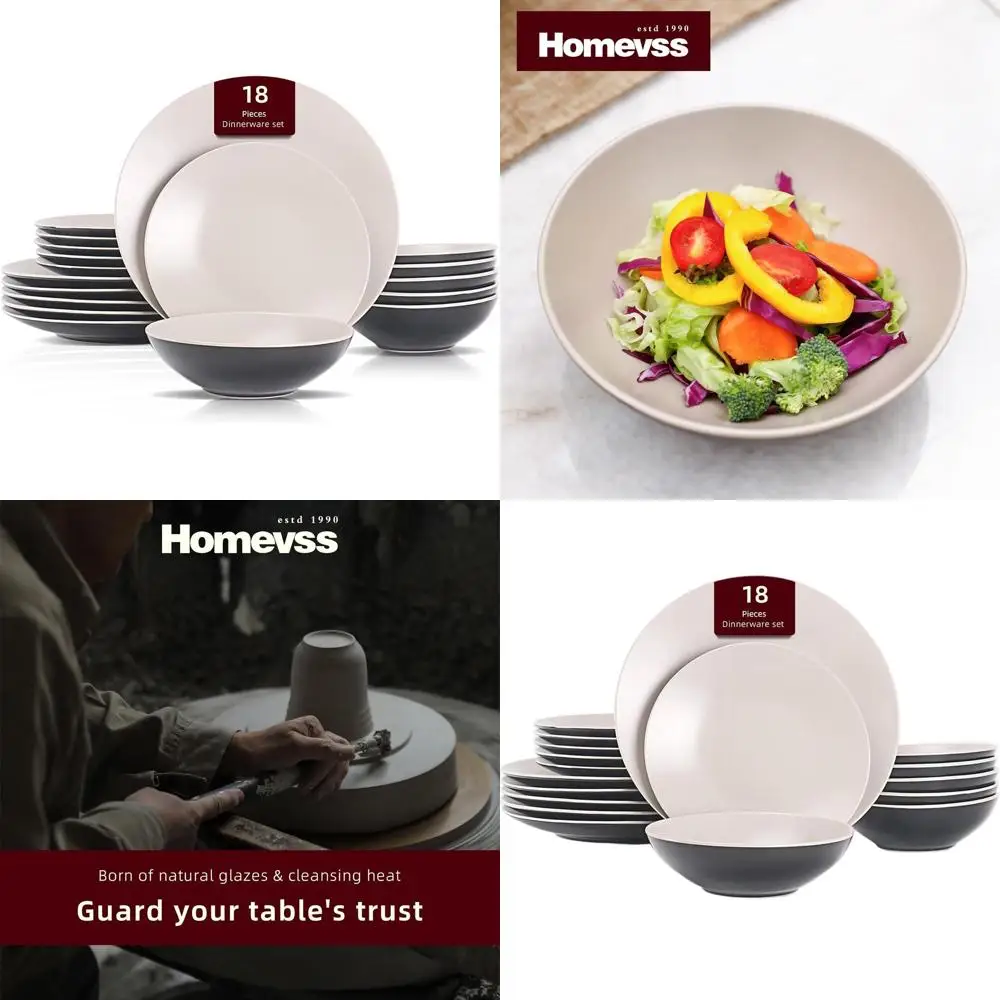 Juego de Vajilla de 18 Piezas en Dos Tonos: Exterior Negro con Interior Mate Beige Claro