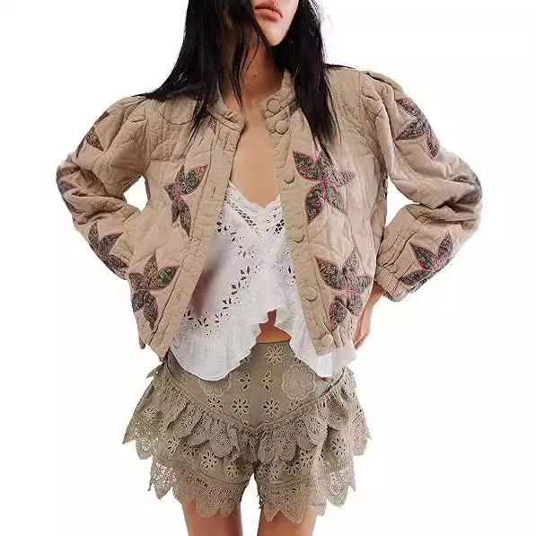 Women's Short Loose Cotton Puffer Jacket Maple Leaf Appliqué, Western Style, Office Elegant Comfortable Casual Warm Multi-Color