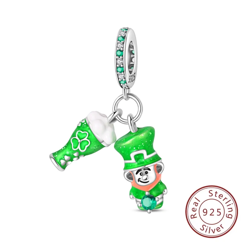 

New 925 Sterling Silver Dangle Pendants Lucky Green St. Patrick's Day Beer Party Charms Beads Fit Original Bracelets DIY Jewelry