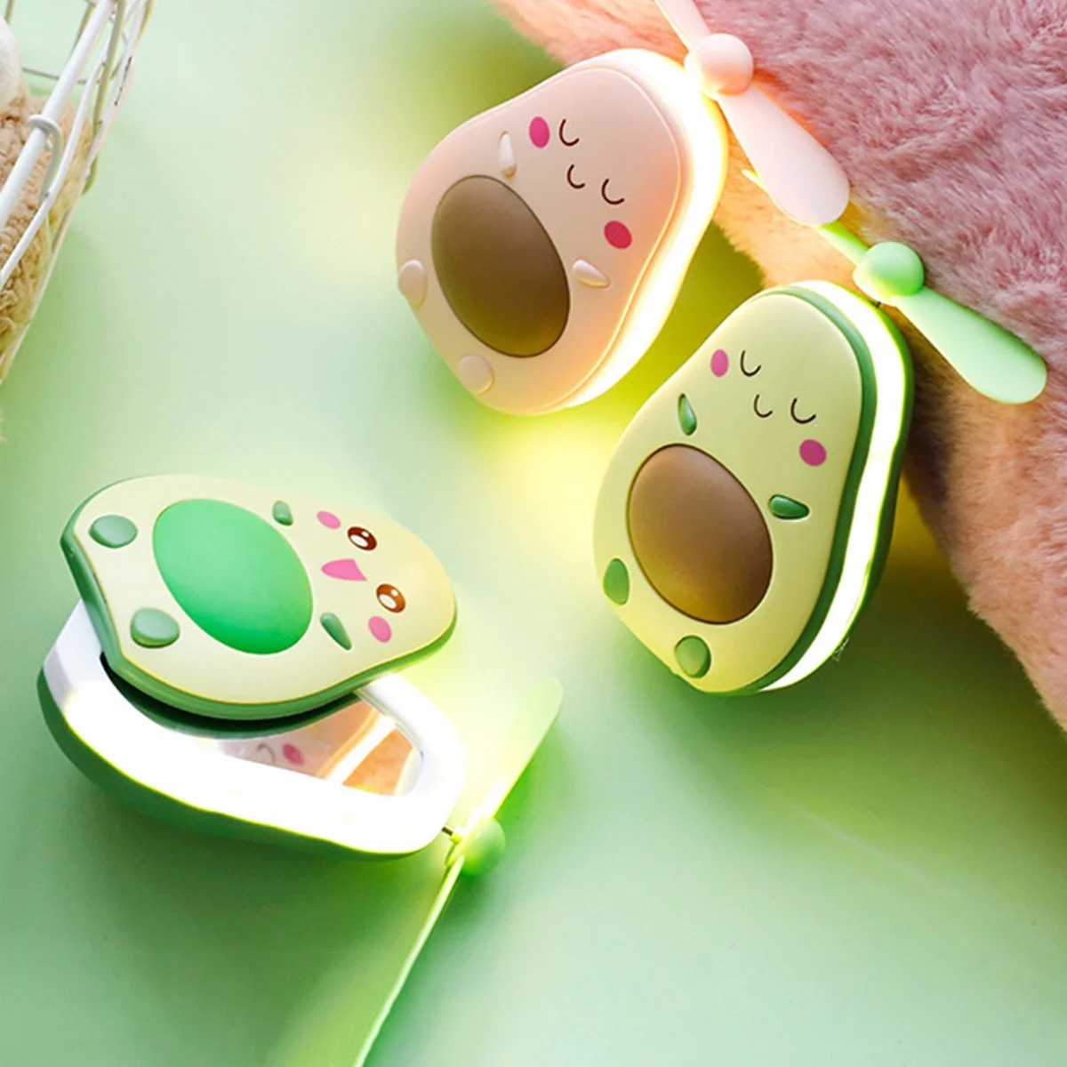 

PTST Mini LED Makeup Mirror And Fan 2 In 1 Integrated Cute Avocado Shaped Practical Portable USB Charging Handheld Fan