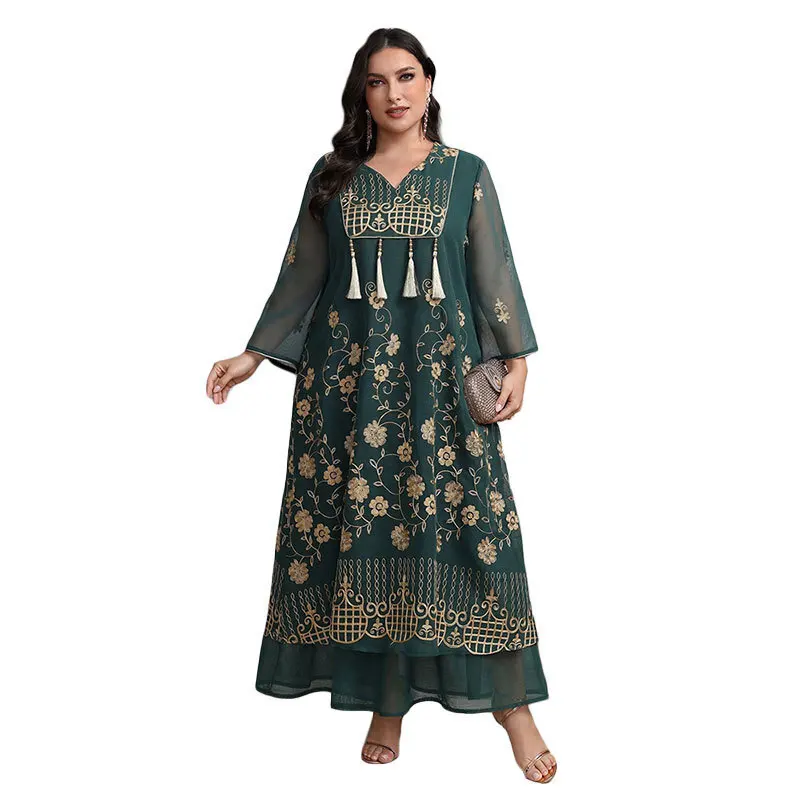 KYP1141 Ethnic Style Women's Wear Muslim Robe Dubai Evening Dress Tassel Embroidered Large Size Dress