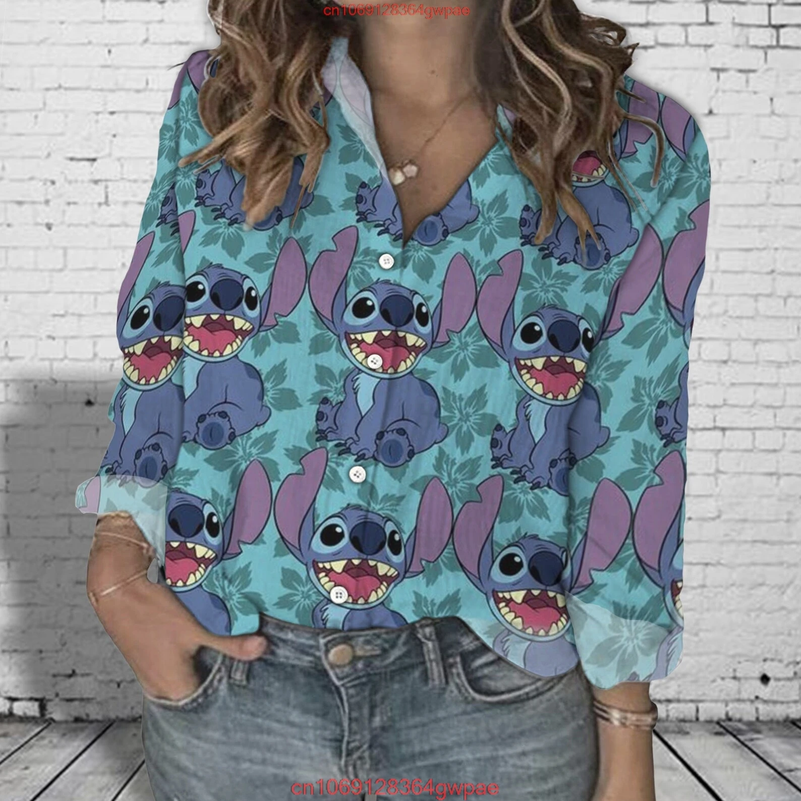 Disney Stitch Women\'s Shirt Fashion Elegant Long Sleeve Button Up Shirt Disney Women\'s Hawaii Shirt Casual Beach Shirt Y2K Top