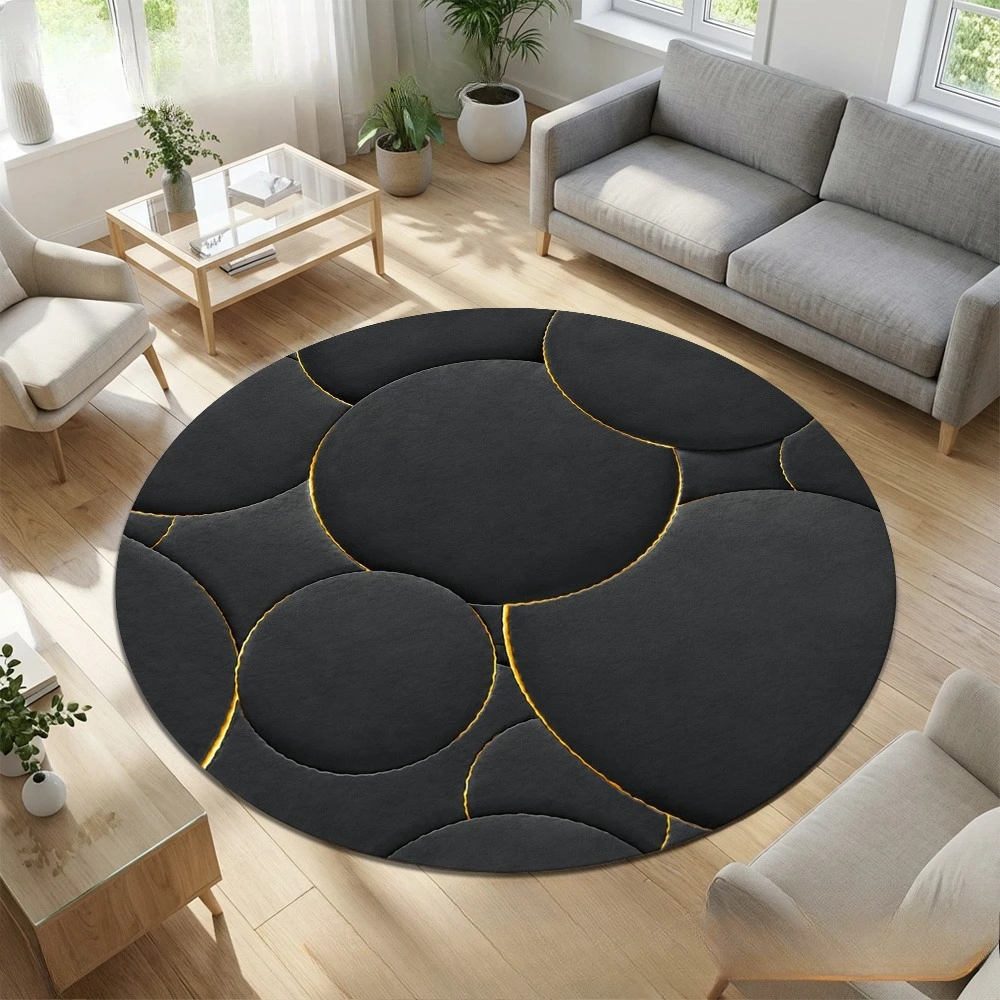 Minimalist Black Gold Circle Pattern Circular Rug  Abstract 3D Visual Round Doormat Anti Slip Indoor Bedroom Sofa Floor Rug