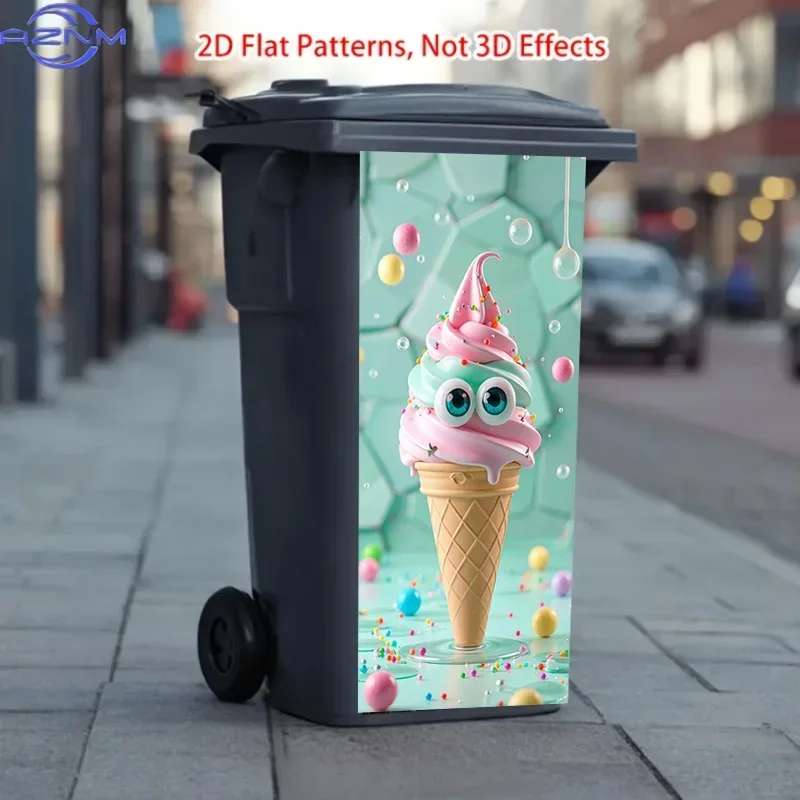 2D 1PCTrash Can Sticker, Featuring Cute Eyes Ice Cream Cone Pattern Theme Design, This Matte Surface Sticker Is Suitable for D