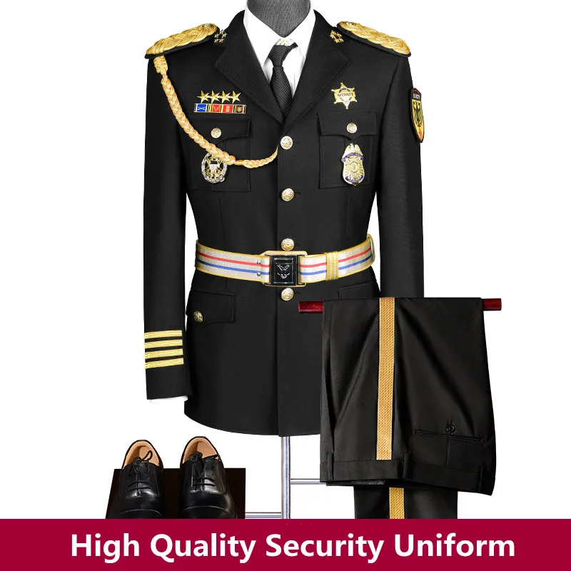 Roupa preta uniforme padrão para homens, Traje formal americano, Terno uniforme de guarda de segurança de alta qualidade, venda quente