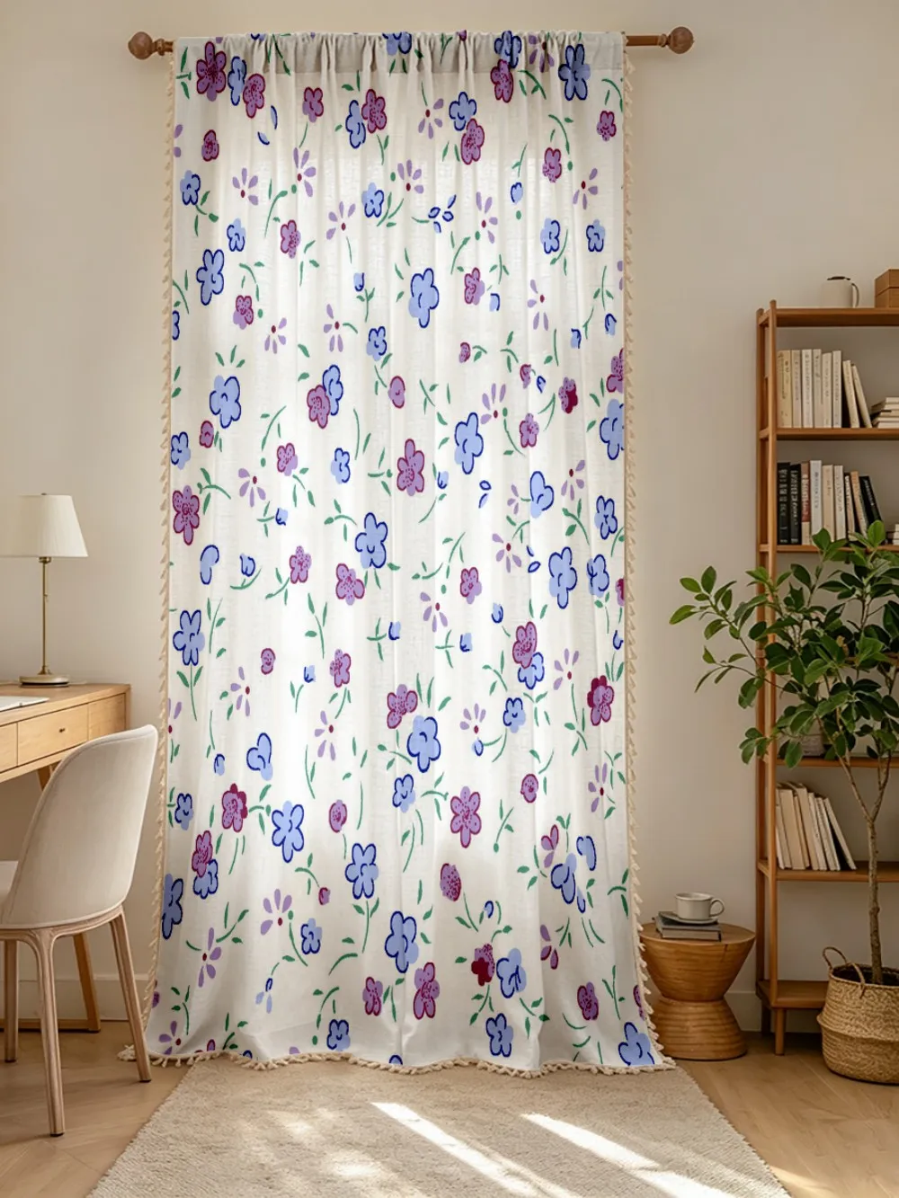 1PC Floral Tassel Sheer Curtains, Blue Purple Flower Green Leaf, Digital Print, Linen Polyester, Bedroom Living Room, Home Decor