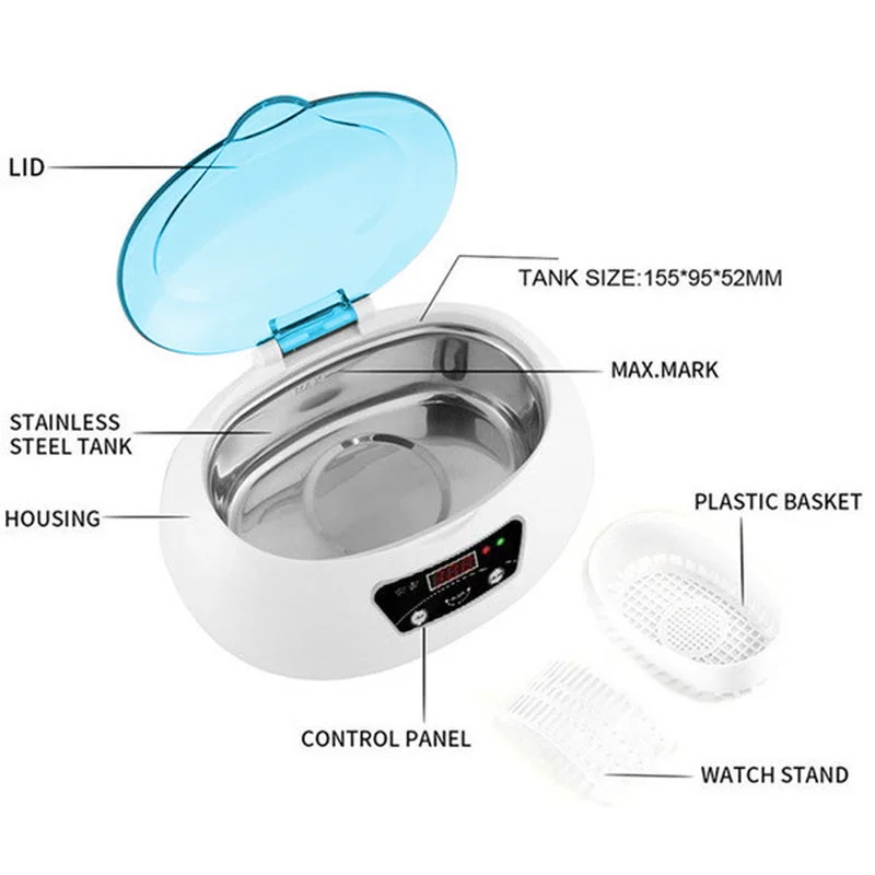 Ultrasonic Cleaner Bath Timer for Jewelry Parts Glasses Manicure Stones Cutters Dental Razor Brush Ultrasound Sonic Box 600ML EU