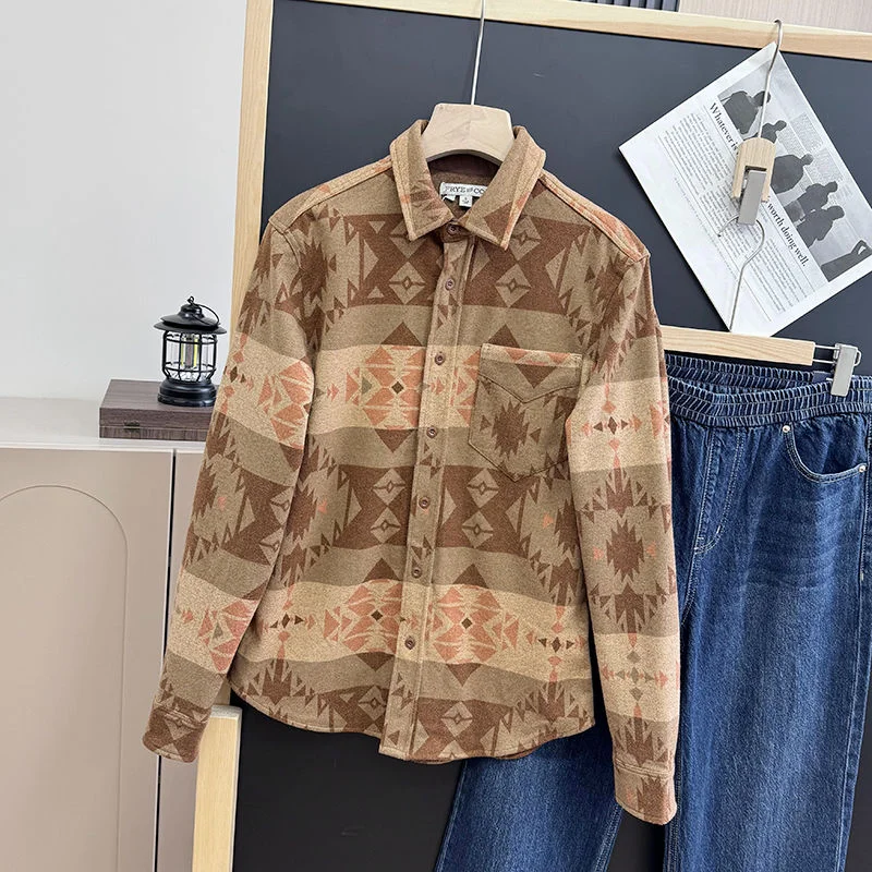 

Vintage Navajo Tribal Style American Casual Washed Flannel Shirt Jacket For Men