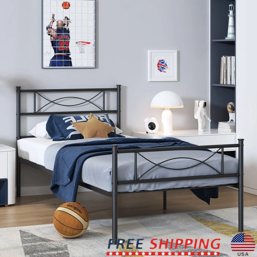 

Kids Twin Metal Platform Bed Frame with Bowknot Headboard Easy Assembly Sturdy Construction Under Bed Storage Bedroom Dorm Room