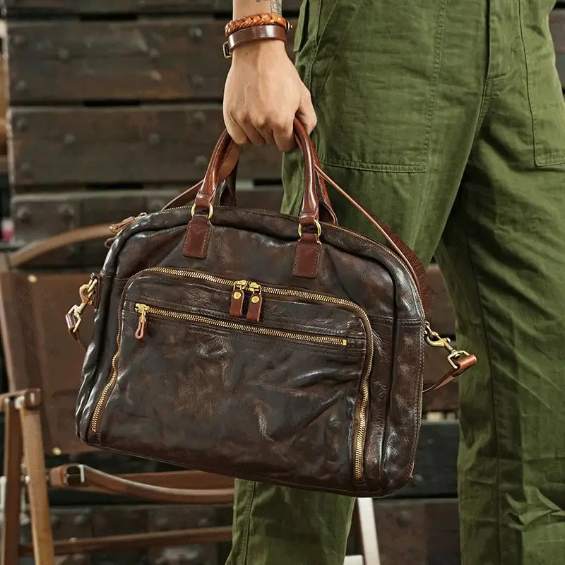 Vintage designer handmade vegetable tanned cowhide men's large briefcase business laptop handbag genuine leather messenger bag.