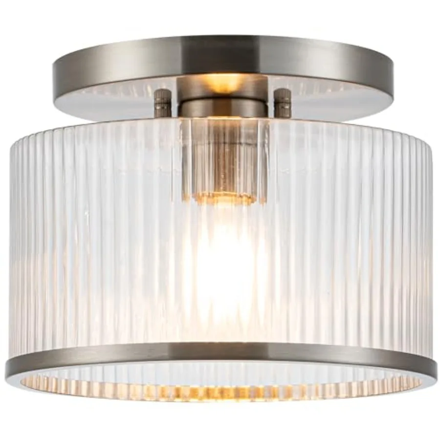 

Glass Ceiling Light, Clear Ribbed Glass Ceiling Light Fixture with Metal Frame, Modern Semi Flush Mount Ceiling Light for Hallw