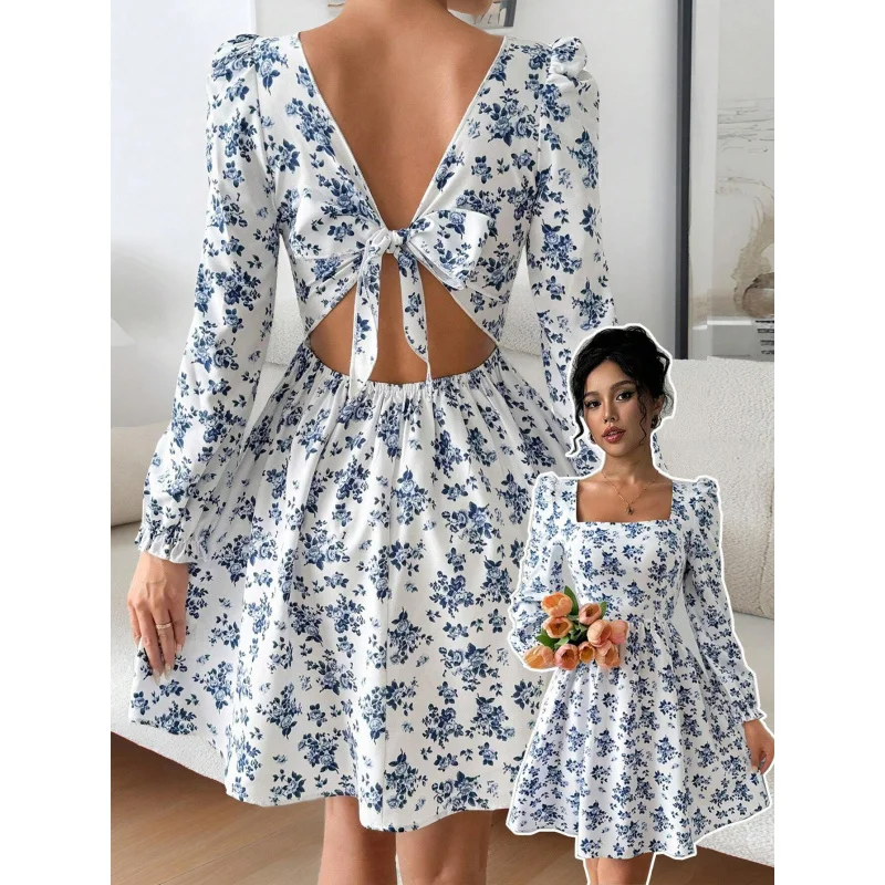 

International Station Hot Selling Women's French Square Neck Elegant Dress Autumn Winter High Waist Backless Tie Floral Short Dr
