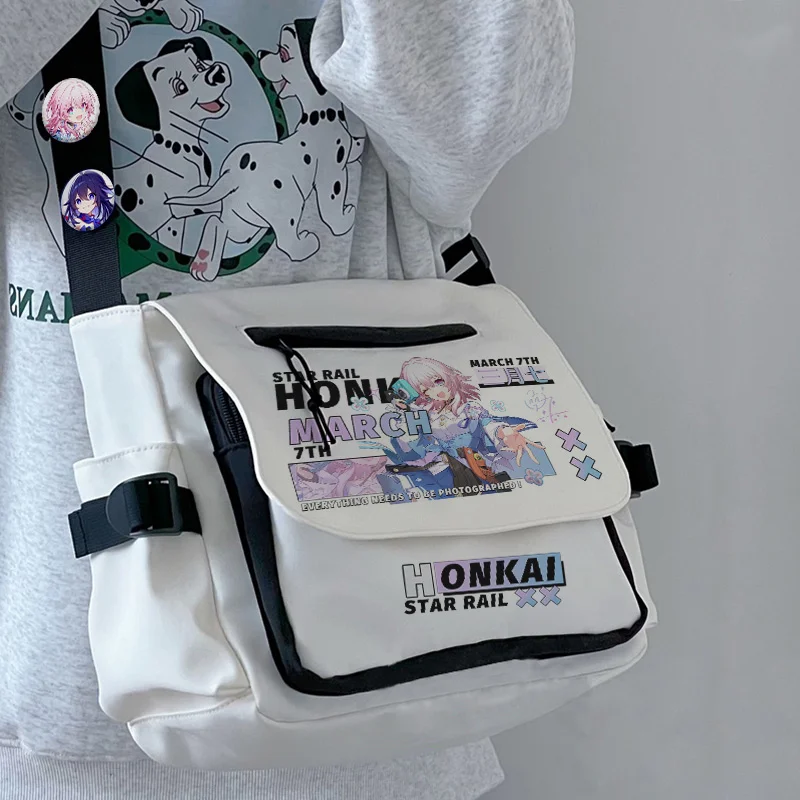 Anime Honkai: gwiazda Rail torba na ramię czarny biały Messenger kreskówka z zamek błyskawiczny z przodu odznakami Crossbody