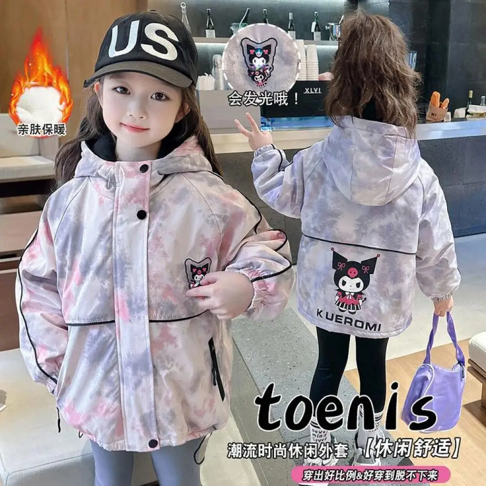 Kawaii Anime Sanrio Kuromi Winter Girl Warm Jacket Cute Hooded Windbreaker Coat for Kids Glow Icon Outdoors Windproof Cold Proof