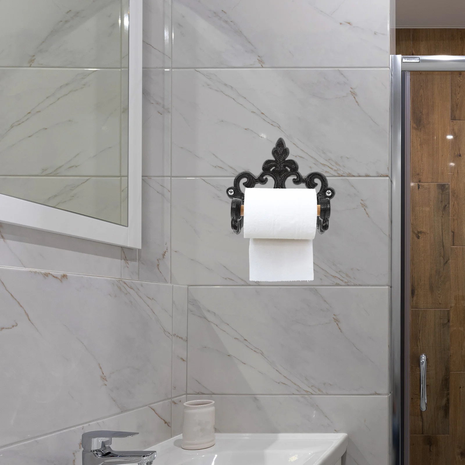 

2pcs Retro Toilet Paper Holder Wall Mounted Iron Wood Shelf For Bathroom Tissue Roll Storage Paper Towel Rack Organizing