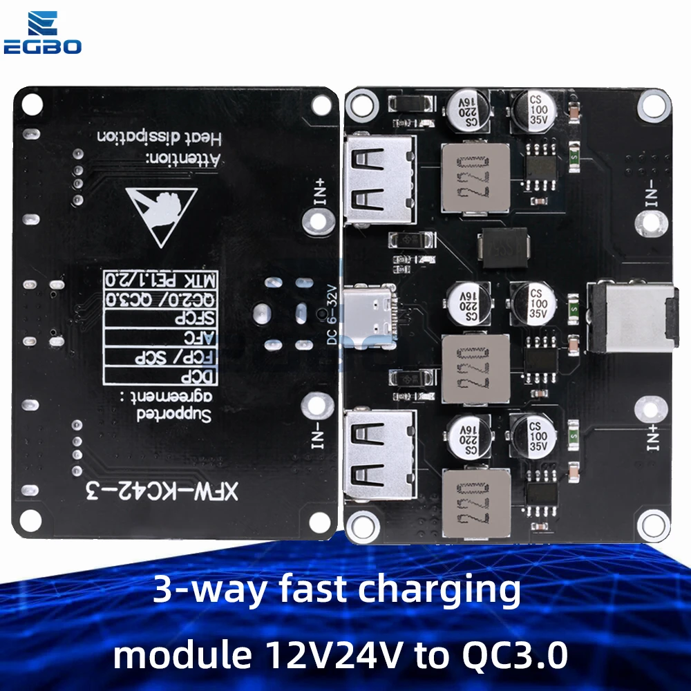 3-Way QC3.0/USB PD Fast Charging Module with Type-C & USB Ports – 12V-24V to 5V-12V DC-DC Step-Down Converter for Mobile Phones