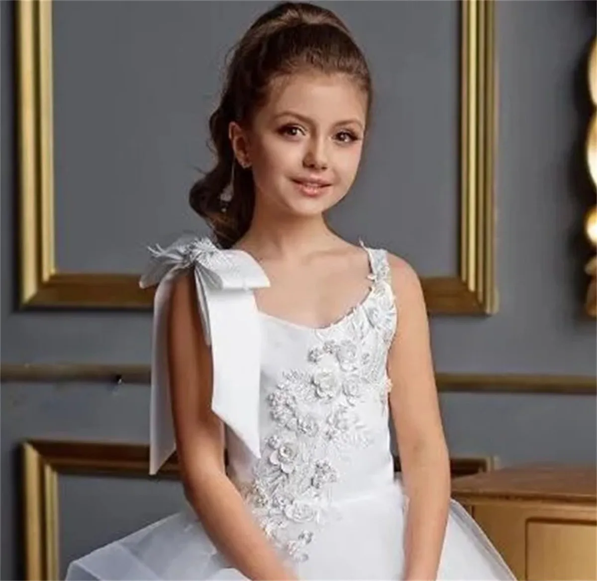 Vestido de flores para niña, vestido blanco esponjoso de tul con lazo y cuentas de encaje, sin mangas, para boda, primer vestido de fiesta eucarista