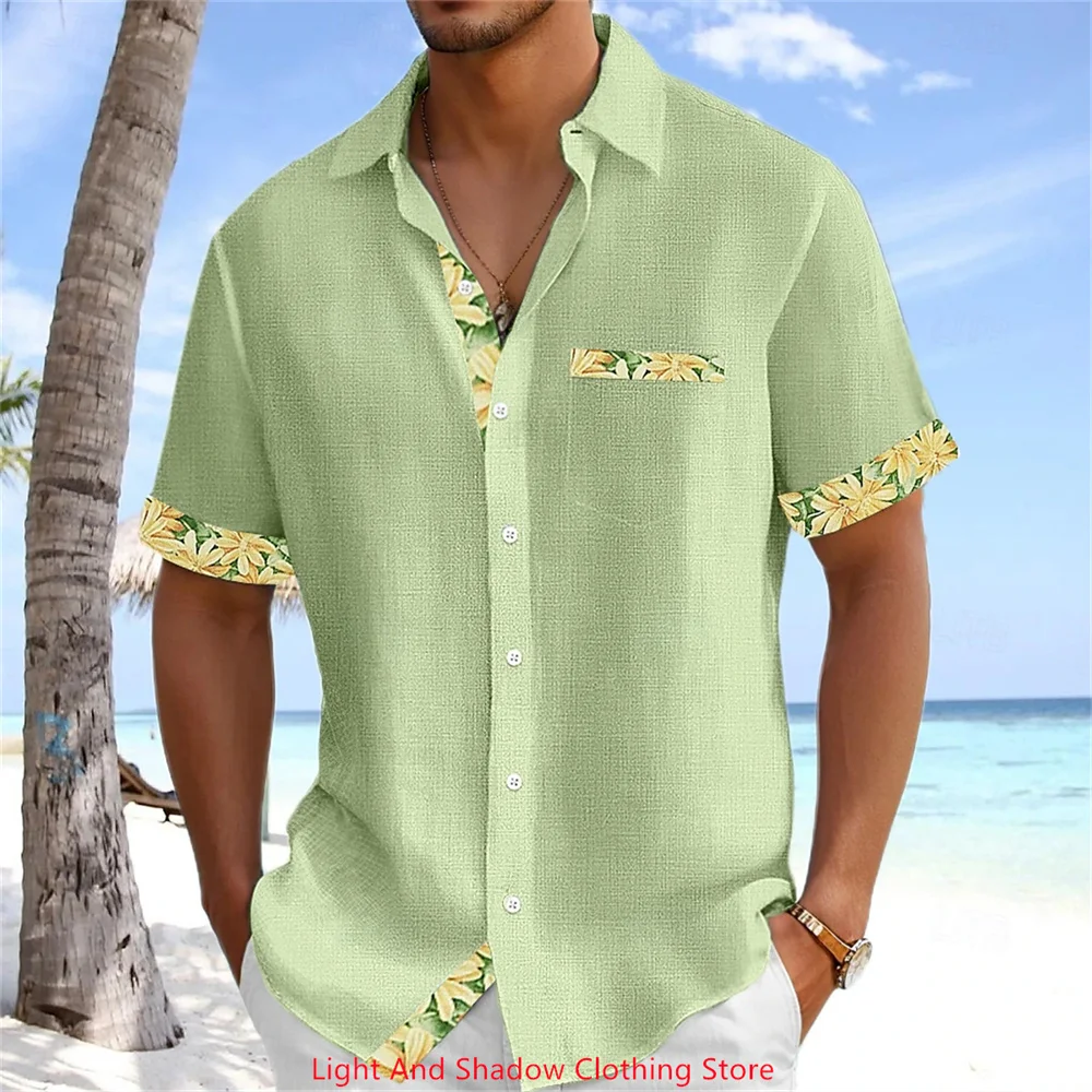 Men's Solid Color Patchwork Printed Linen Shirt 2025 Street Fashion High-Quality Top with Collar Pocket Button