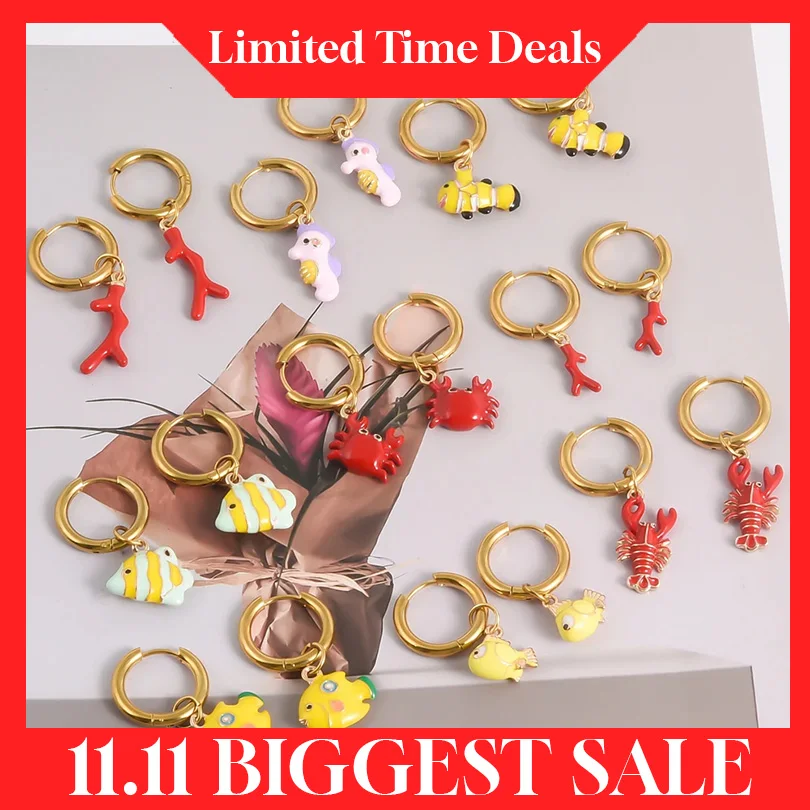

Cute Marine Animals Coral Tree Clownfish Crab Lobster Seahorse Hoop Earrings Girls Fashion Gifts Summer Beach Jewelry Charms New