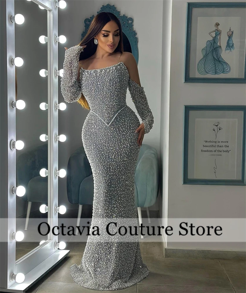 مثير فساتين حفلة موسيقية طويلة زين بريق الترتر الدانتيل فساتين السهرة مع قفازات حورية البحر حزب اللباس مطرز قبالة الكتف