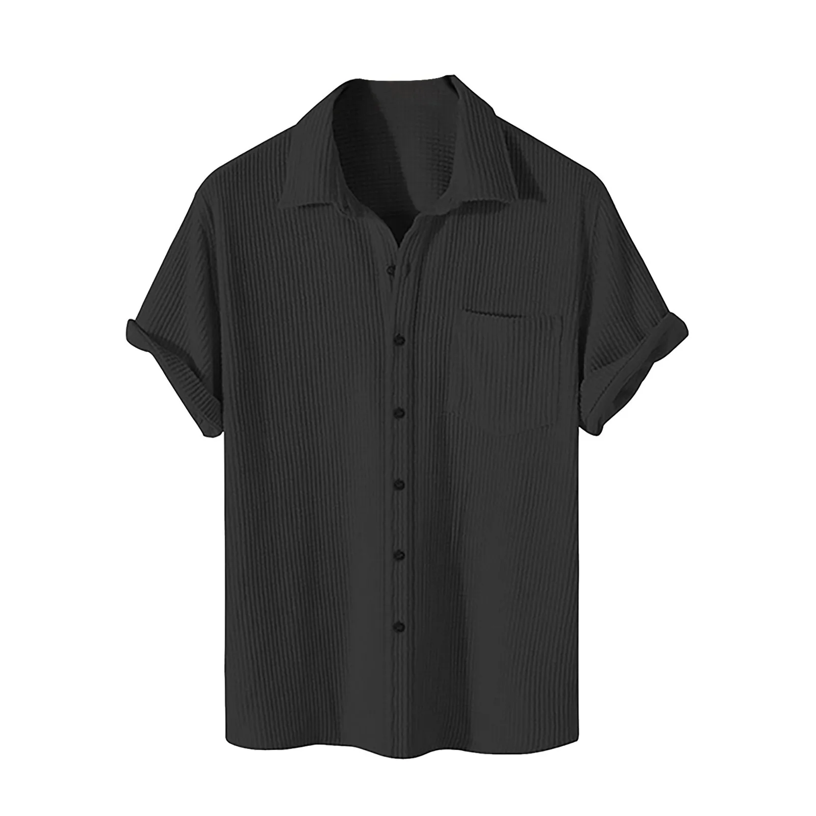 Kaus serbaguna kasual Pria Atasan wafel lengan pendek baru musim semi kemeja bergaris kerah Single-Breasted warna polos atasan dasar harian