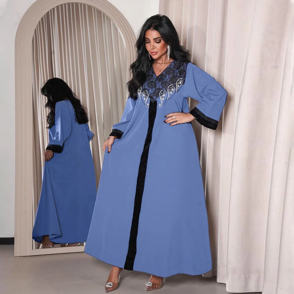 Ramadan Morocco Middle East Muslim Fashion Dubai Abaya Arab Women Wear Diamond Velvet Splicing Color Contrasting Robe Dress