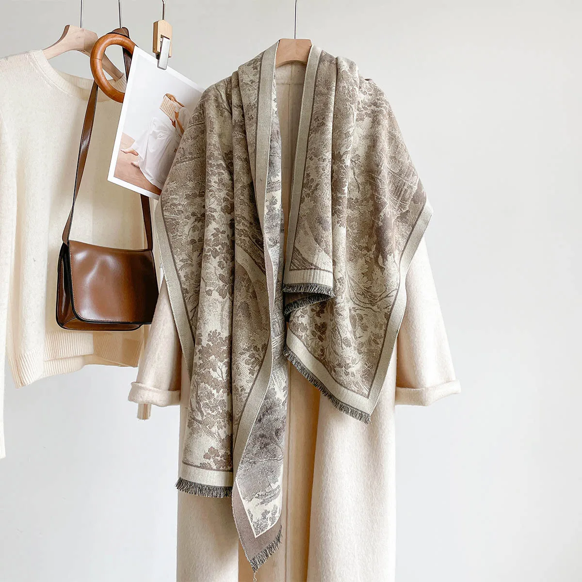 Winter Fashion Oversized Blanket Scarf Faux Cashmere Vintage Taupe European Castle Garden Art Print Reversible Ladies Wrap Shawl