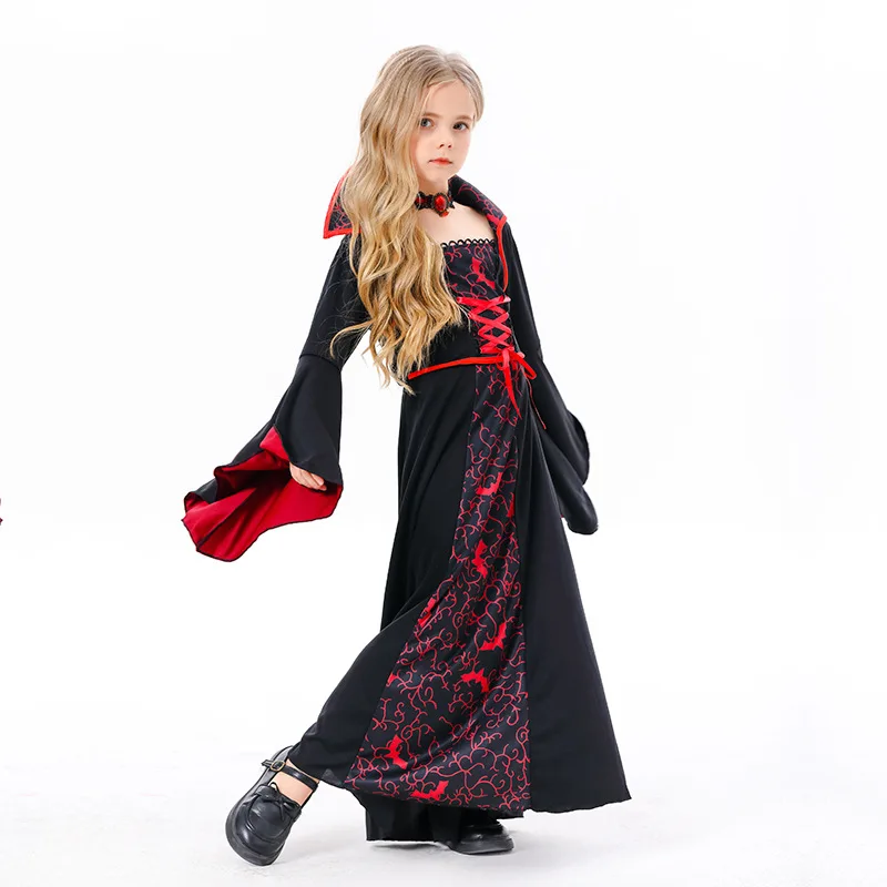 Bambini Halloween Cosplay nero rosso fasciatura strega Costume ragazze vestito da vampiro con collana Kid Carnival Party Vampire Outfit