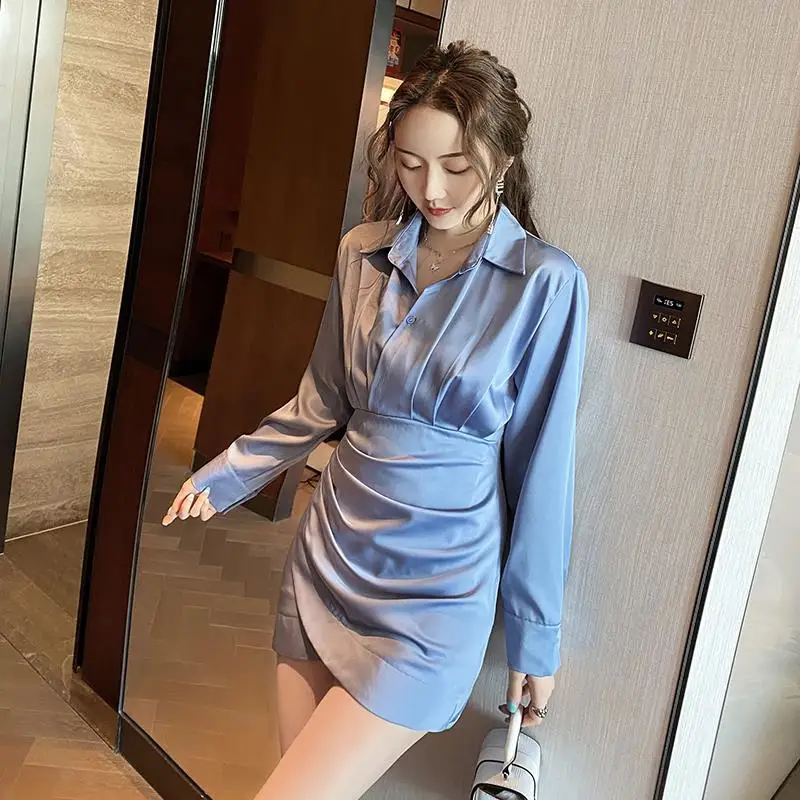 2024 Autumn New Temperament Shirt Dress Adult Lady like Woman Style Acetate Satin Skirt