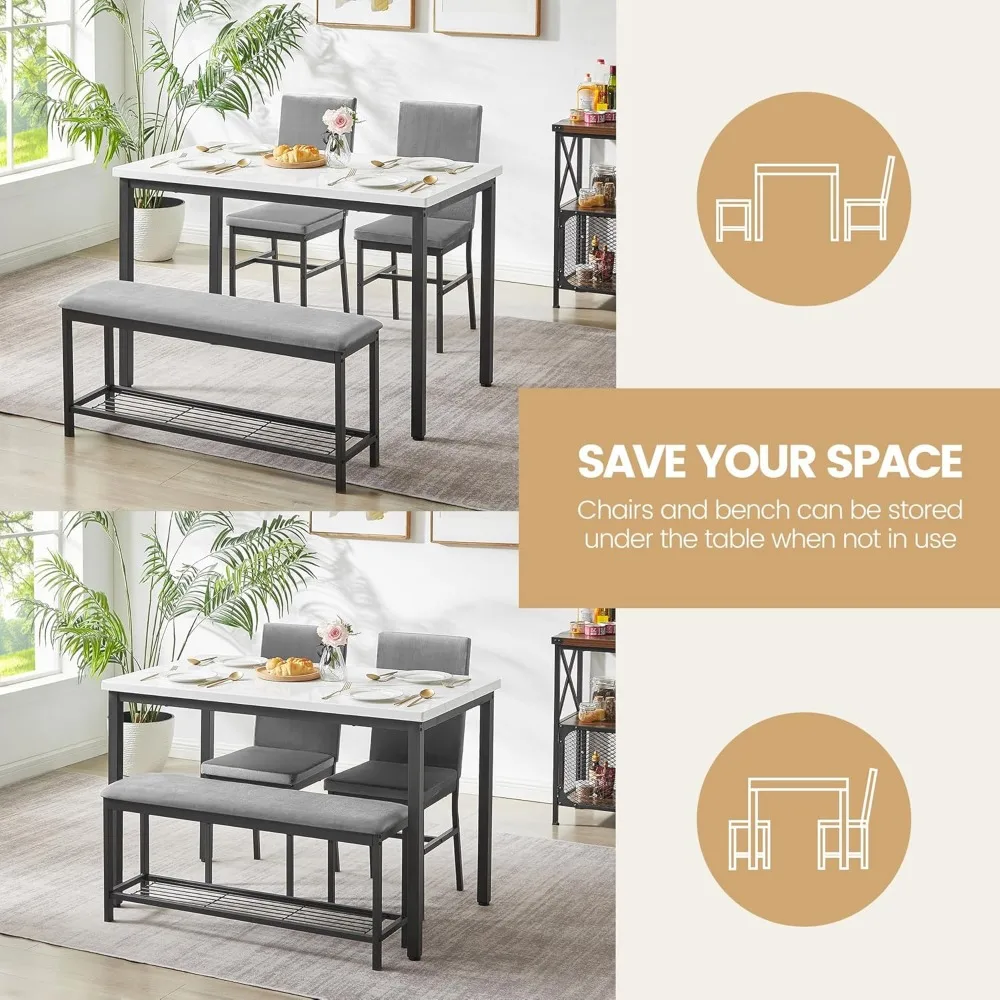 Dining Table Set for 4,Faux Marble Kitchen Table,Kitchen Table Chairs Set with Velvet Chairs,Bench with Storage Net for Dining R