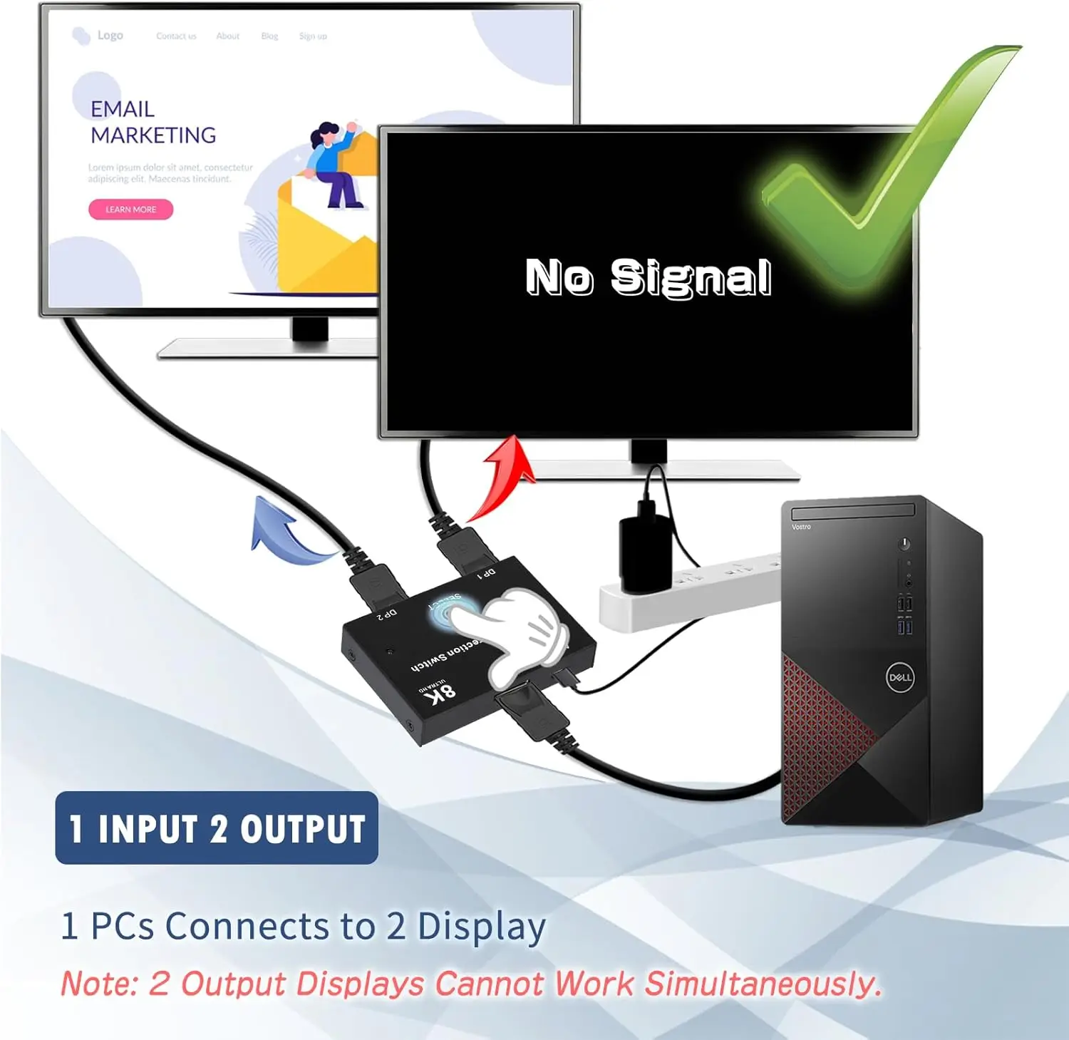 DisplayPort Switch 8K Splitter Bidirecional DP 1.4 Switch 2 em 1 Out/1 em 2 Out 8K @ 30Hz/4K @ 120Hz para PC Host Monitor Laptop etc.