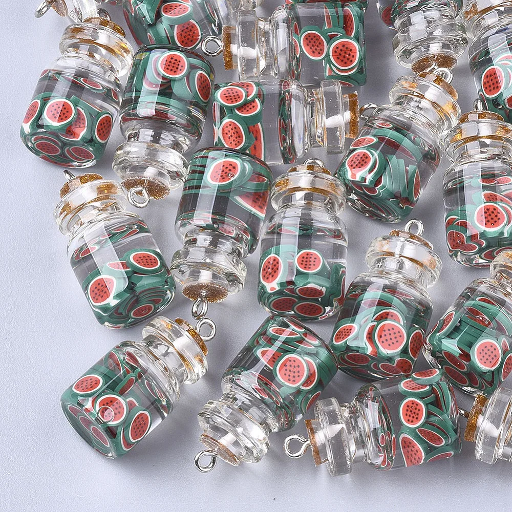5Pcs Watermelon Pendant Ornament Glass Bottle Pendants with Resin Polymer Clay Iron Findings Watermelon Glass Charms Pendant