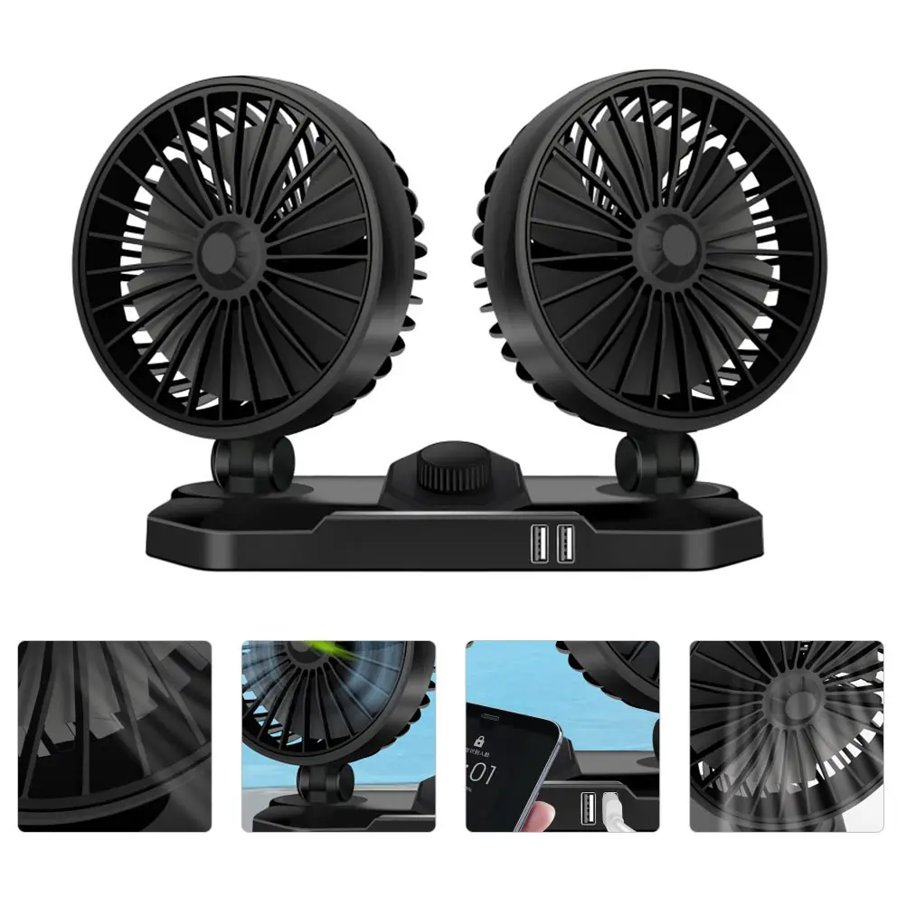 

Car Dual head Electric Fan ABS Compact 360 Degree Rotating 90 Degree Tilt Adjustable Suitable for Vehicles Home Office USB