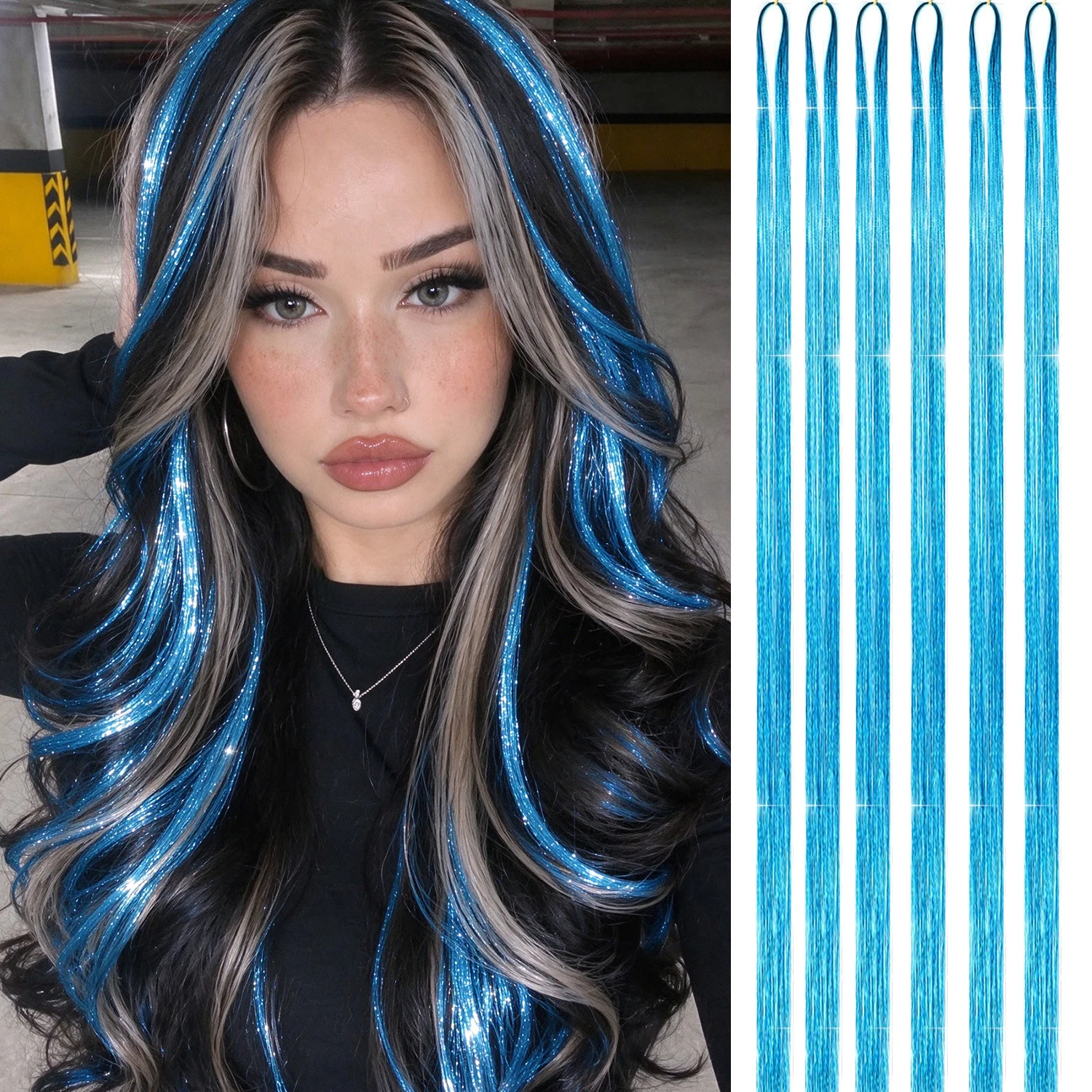 Bright Red Hair Tinsel Strands  Festival 6 Packs 1500 Strands 48in, Heat Resistant 320F, Micro Link Clip Braid, Synthetic