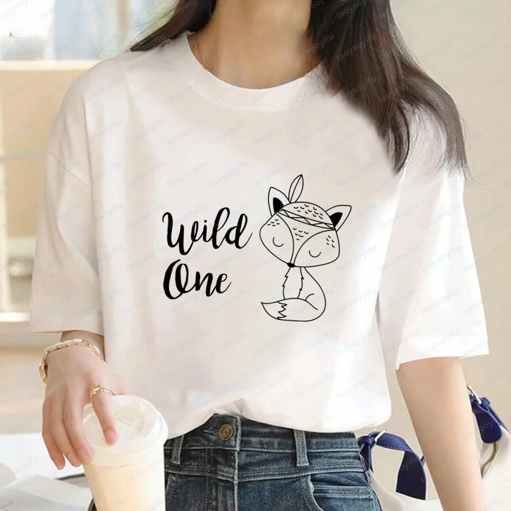 Wild One Fox Doodle Female Y2K Loose Tee Retro Print Short Sleeve T-shirt Teen Girls Streetwear Casual Tops Camiseta Vozinha
