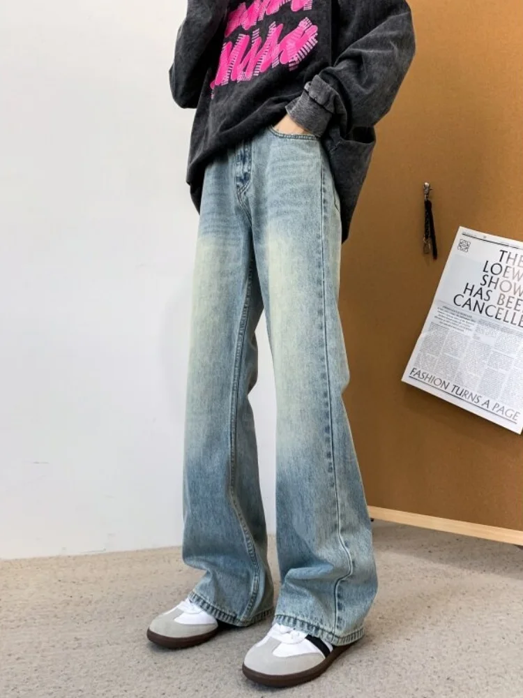 

Мужские джинсы в стиле ретро, синие, весенние, модные, простые, широкие брюки, американские, в стиле High Street, прямые, зауженные, с эффектом похудения