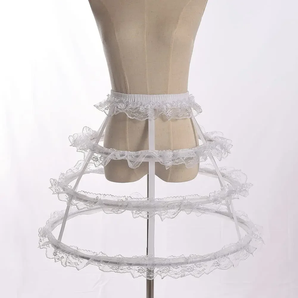 Women White  3 Hoops Petticoat Crinoline Lolita Fishbone Hollow Bird Cage  Floral Lace Underskirt