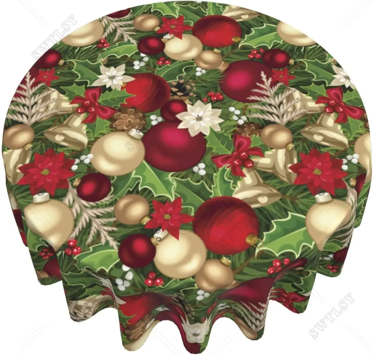 Blooming Poinsettia Holly Berry Christmas Pattern Tablecloth Round 60 Inch Water Resistant Washable Polyester Circle Table Cover