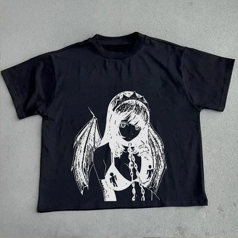 Hiphop Anime Grafikdruck T-Shirt Übergroße japanische Casual Street Harajuku Tops Goth 2000er Jahre Y2k Kleidung Unisex T-Shirt