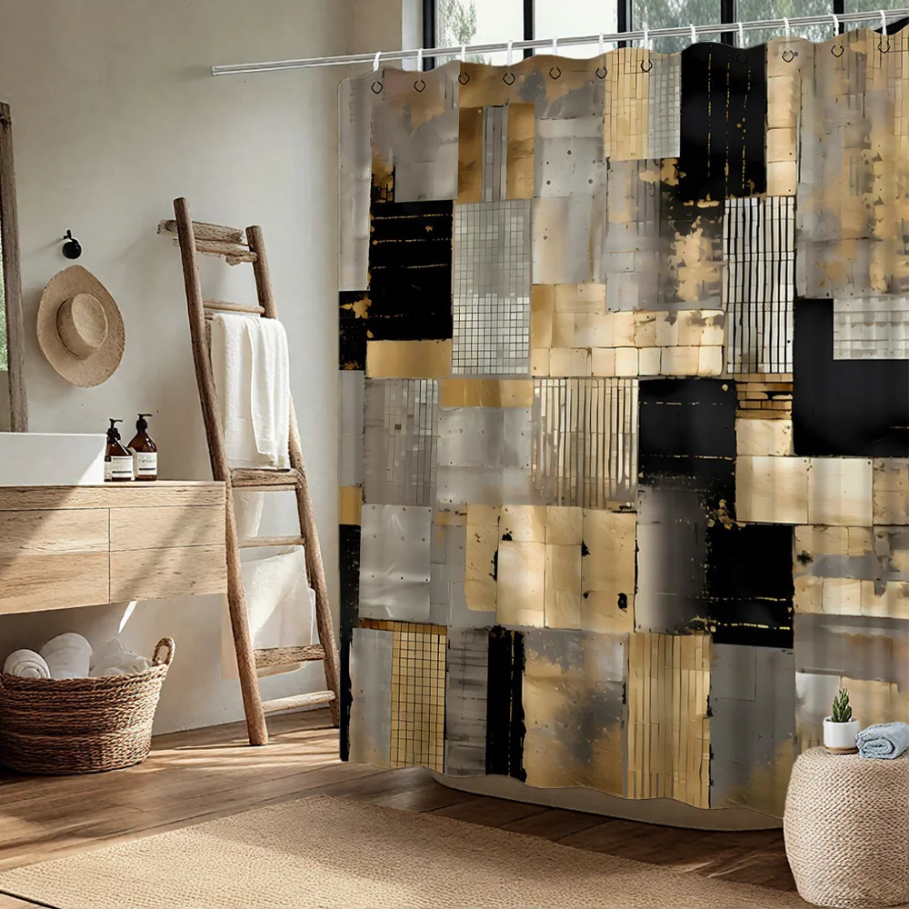 

Abstract Patchwork Shower Curtain Gold Black Gray Artistic Design Waterproof Fabric Modern Boho Bathroom Decor