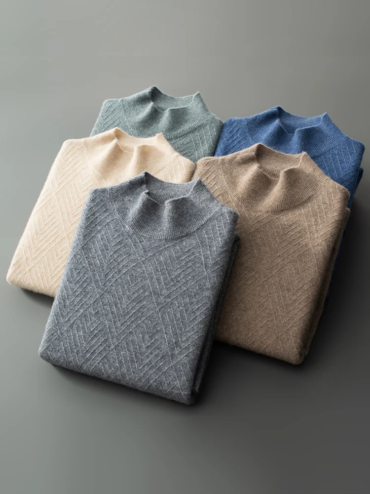 New Men 100% Cashmere Sweater Diamond shaped Fold line Mock Neck Pullover Autumn Winter Cashmere Knitwear Smart Casual Clothing