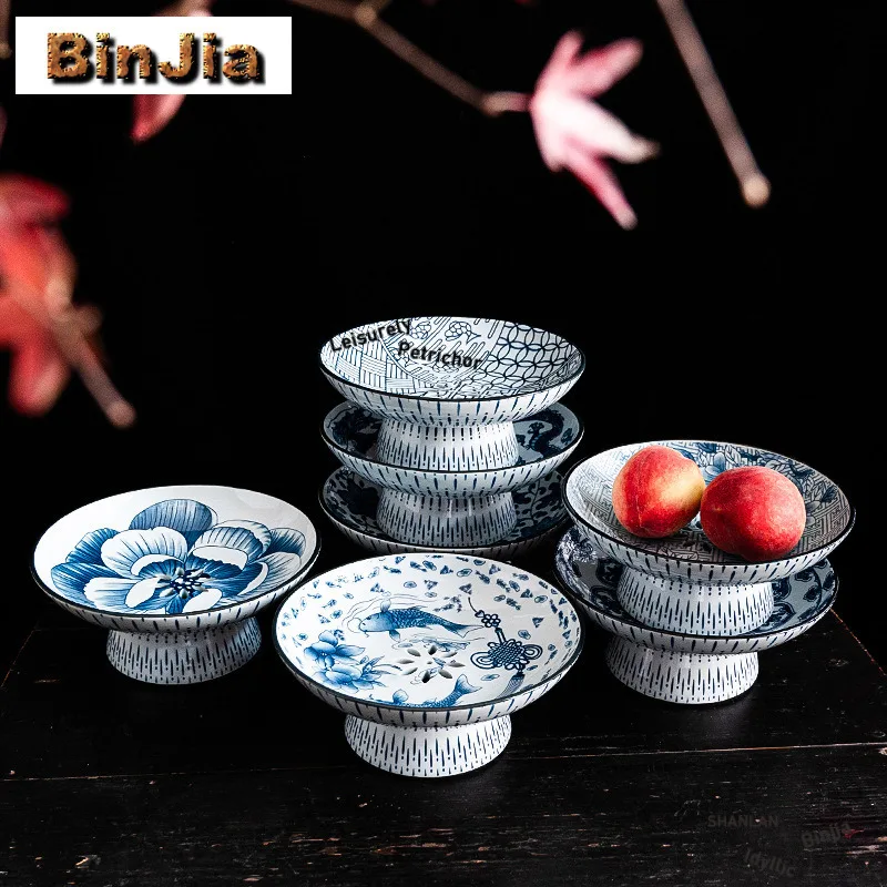 

Large Ceramic Exquisite Snack And Dried Fruit Plate With Blue White Pattern, High-Legged, Split Draining Holes