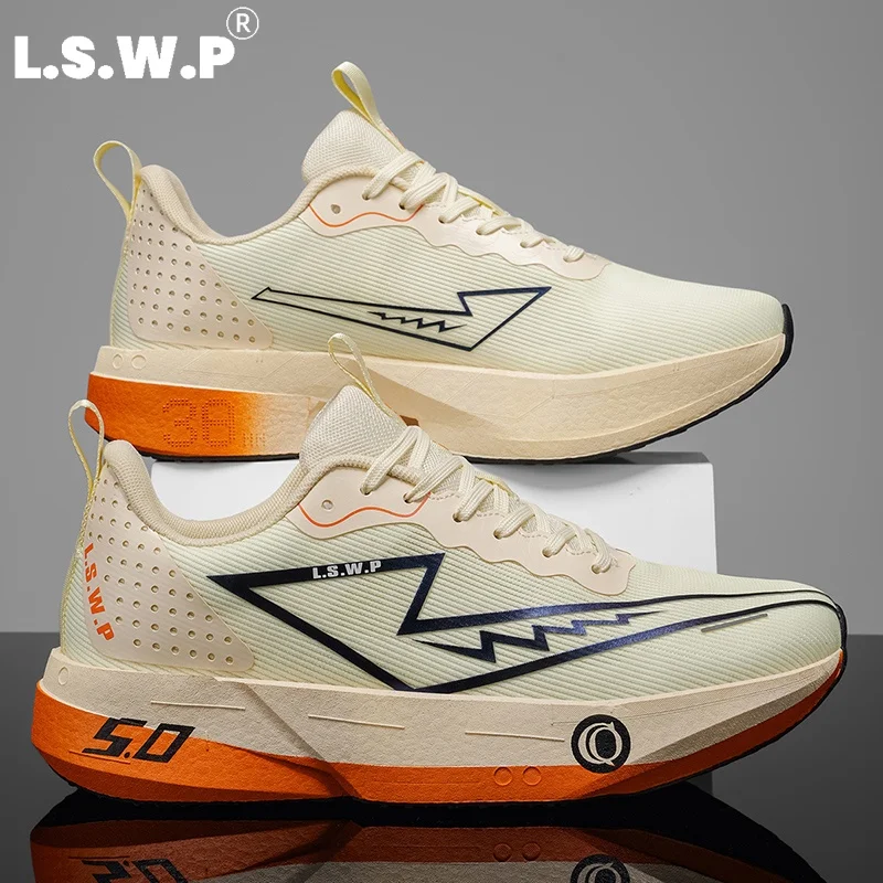 Men's Running Shoes, Tennis Shoes, New Model 5.0, Sports Racing Running Shoes, Finely Perforated Mesh Surface Improves Breathability, Thick Carbon Plate Structure Provides Strong Propulsion. Wear-Resistant, Non-Slip Soles with Stable Grip, Simple Geometric Patterns, Suitable for Physical Exams, Training, and Jogging Fitness Needs.