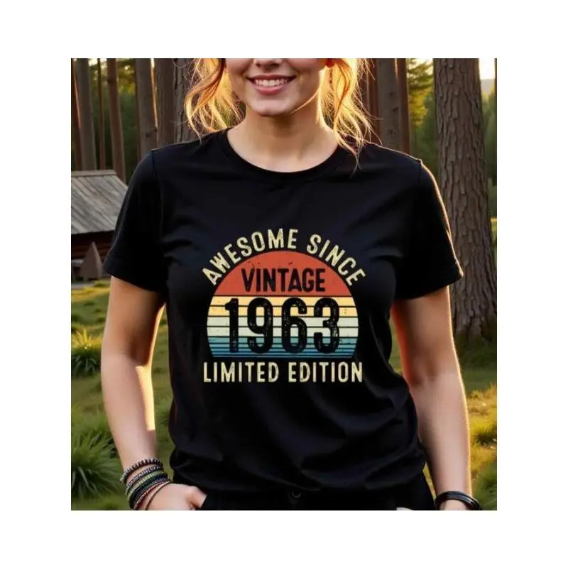 

Women 1963 Birthday T-Shirt Awesome Since Vintage Graphic Tee Retro 60th Anniversary Gift Crewneck Short Sleeve Casual Top